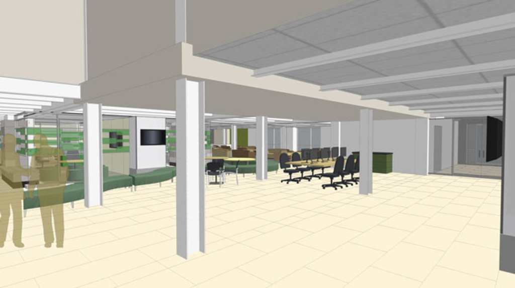 This rendering is closely aligned with the photo above, with the shadow figures in roughly the same place as Learning Commons project director Chris Clark and UI Libraries public relations manager Kristi Bontrager.