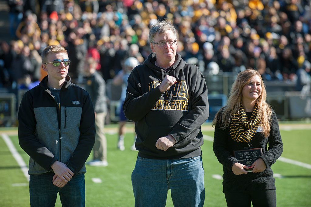 Dad of the Year accepts award on Kinnick field