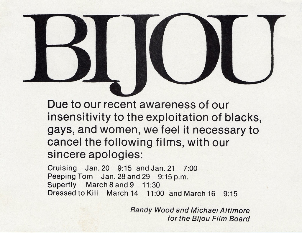 Black-and-white announcement from Bijou of film cancellations