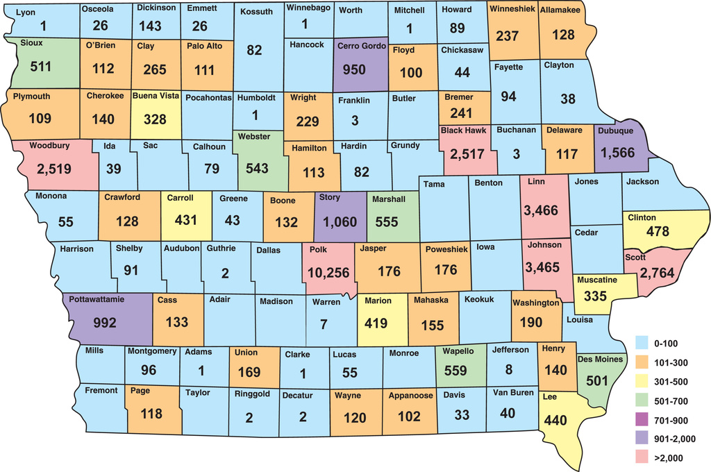 map of Iowa, shows county by county the total number of newborns screened by the State Hygienic Laboratory in Fiscal year 2012