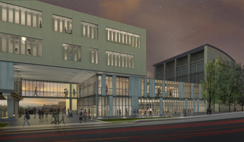 exterior night rendering of the proposed addition to the Seamans Center