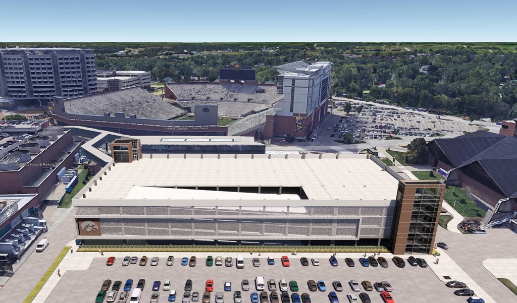 A new five-level parking ramp will be built on a portion of Parking Lot 43 north of Kinnick Stadium. The ramp will have more than 900 spaces and will eventually replace Hospital Ramp 1, which will be torn down to make way for the future inpatient tower.