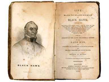 A photograph of a book with a drawing of a man on the left page and words on the right page
