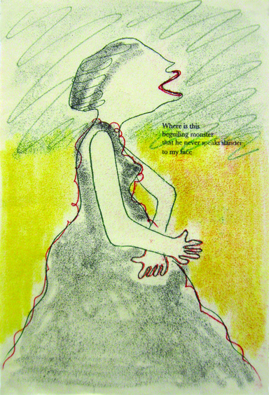 A drawing of a woman with an inset quote from Shakespeare's "Othello"