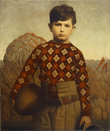 Painting of a boy wearing a plaid sweater and holding a football