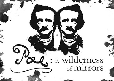 A drawing of Edgar Allen Poe with two mirrors images of the author