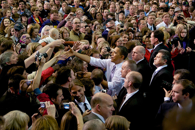 President Obama greets people following his speech.