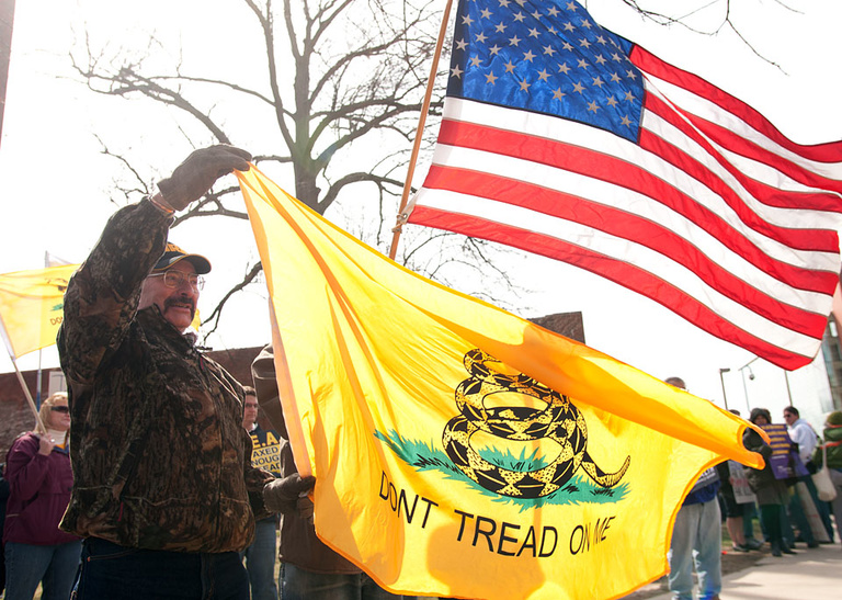 A man holds a Don't Tread on Me flag.