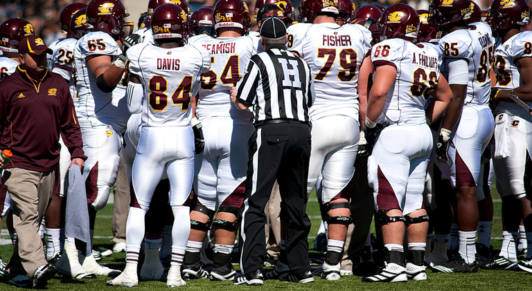 Head linesman Mike Mahouski tells Central Michigan that the timeout is over.