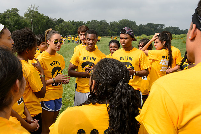 I first-year students in The Iowa Edge program plan their strategy during a team building exercise at the High Adventure Challenge Course. It was one of the many activities held Aug. 17-20 throughout the UI campus as part of the program, designed for 100 