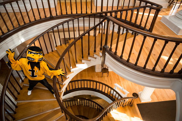 Herky on the steps at Old Cap.