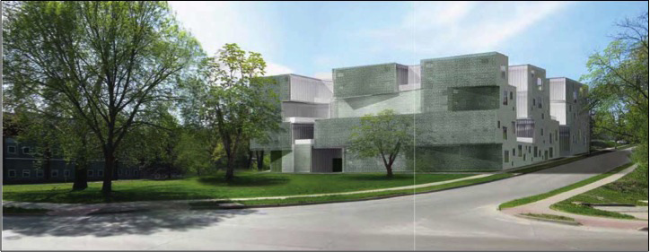 a rendering of the new art building, looking west