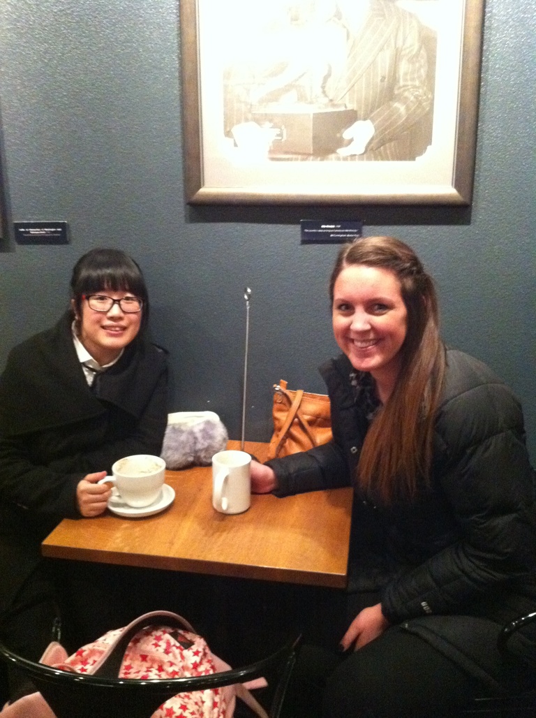 Yijun "Alice" Huang and Jessica Pawelski enjoy a cup of hot chocolate at Java House.