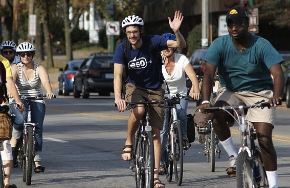 Participants in a campus bicycle ride sponsored by 350.org, an organization that advocates for climate change awareness. 