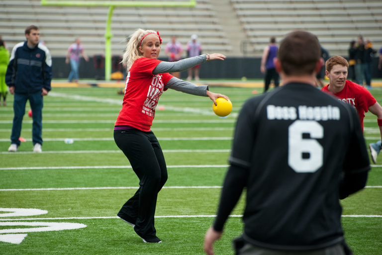 a dodgeball player prepares to throw a ball