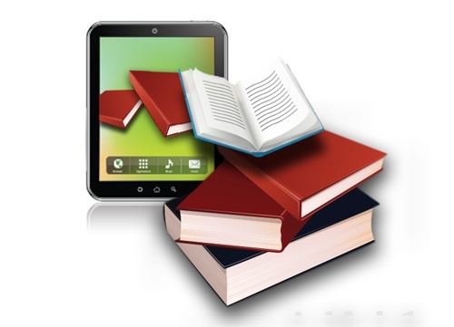 illustration of tablet and a pile of 4 books