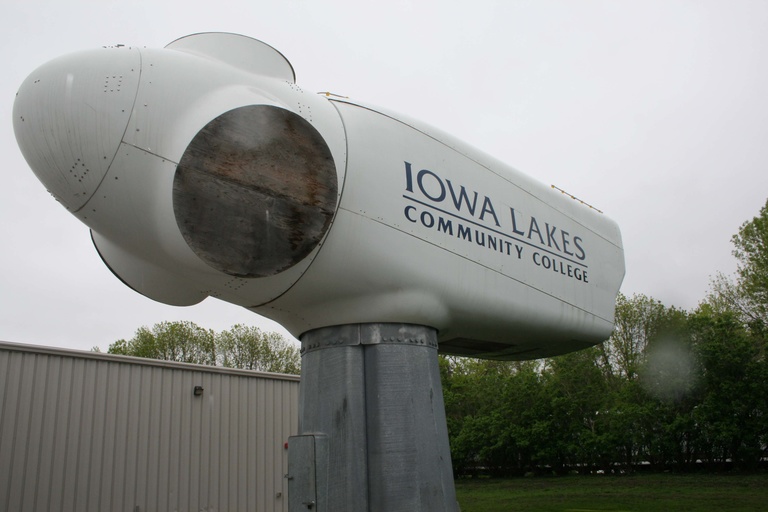 The nacelle, or housing, on a typical wind turbine is the size of a school bus. This nacelle is a demonstration tool at Iowa Lakes Community College in Estherville,