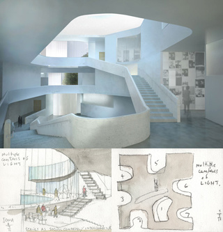 rendering and sketches of Visual Arts Building