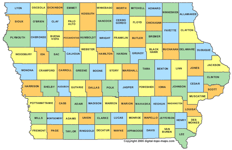 map of iowa with counties indicated with an orange, green, blue, or yellow color