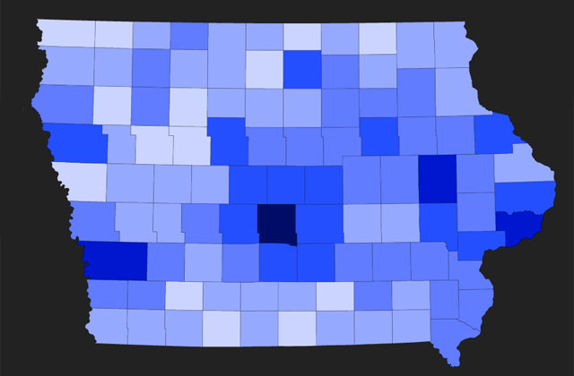 map of Iowa counties in different shades of blue to indicate foreclosure trends