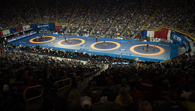 The arena was set up with four mats to keep the action moving.