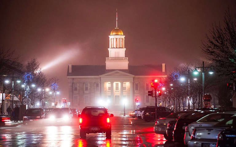 Old Capitol in the fog at night