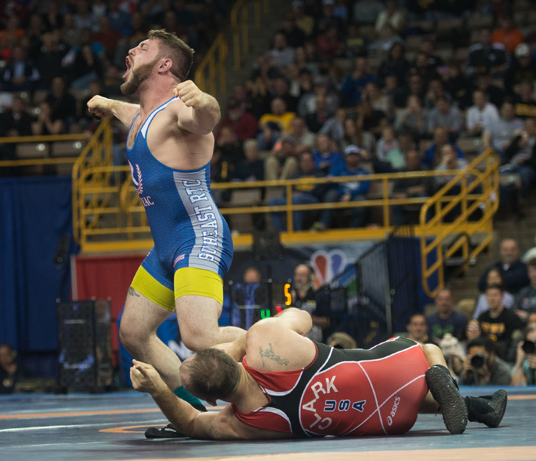 Ben Provisor celebrates his Olympic Team berth after defeating Jacob Clark in the Greco-Roman 85 KG class.