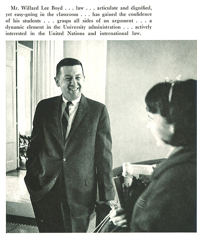 Former President Willard “Sandy” Boyd talks with a student in 1965.