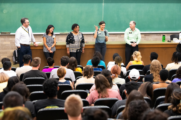 UI faculty talk to students during the Iowa EDGE faculty panel inside Van Allen Hall.