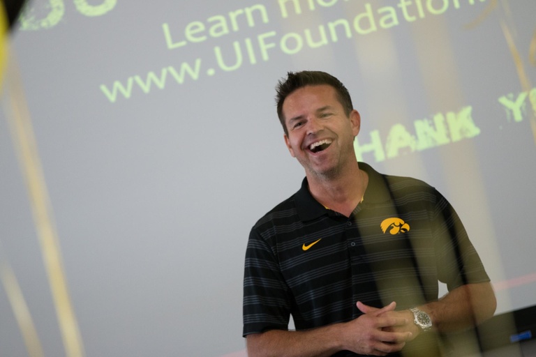 Special guest Hawkeye Head Volleyball Coach Bond Shymansky gave faculty and staff a rousing pep talk in the Tippie College of Business for a luncheon that kicked of We Are Phil week in the college.