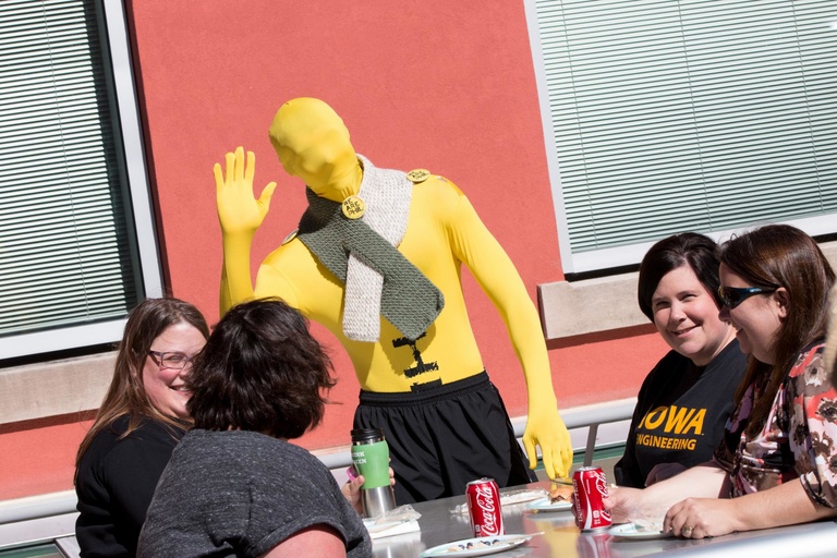 "Phil" makes an appearance at the College of Engineering's We Are Phil celebration for the college's faculty and staff on the Fethke Rooftop Terrace of the Seamans Center, Friday, Oct. 2.