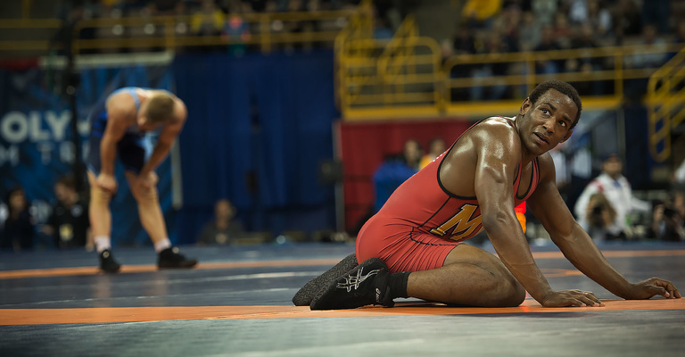 A challenge at the conclusion of the Men's Freestyle 86 KG final meant that J'Den Cox, in red, and Kyle Dake had to wait for a replay to determine the winner.