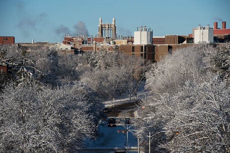 Campus covered in snow.