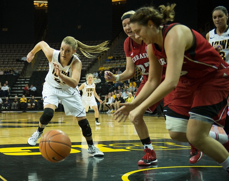 Junior Kali Peschel hustles after a loose ball. Peschel delivered a crucial five points and four rebounds off the bench.