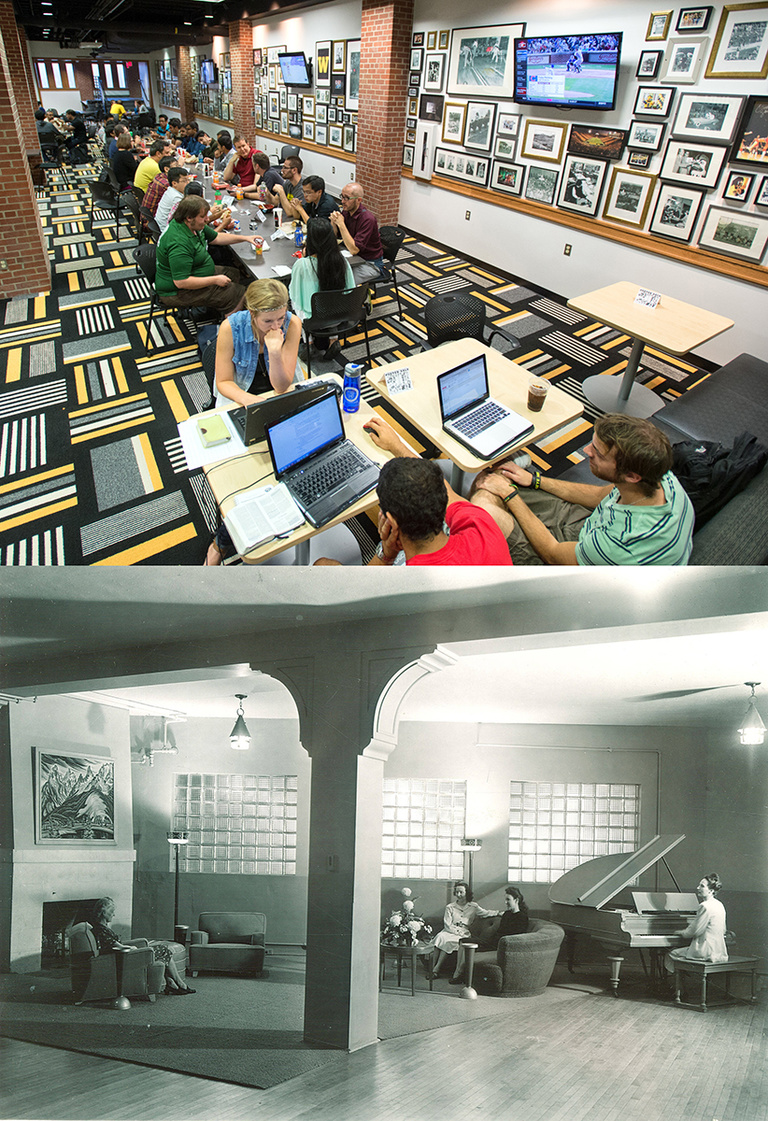Student lounge space in the IMU, present day and in 1948