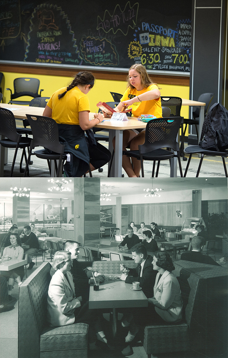 Students socializing in the IMU, present day and in 1956