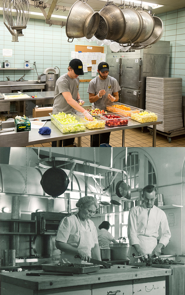 Kitchen staff in the IMU, present day and in 1956