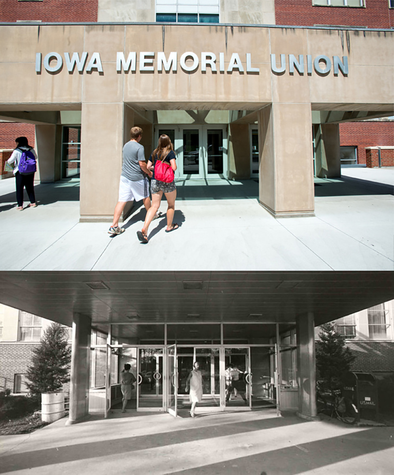 Comparison of IMU's south-side entrance before and after renovation
