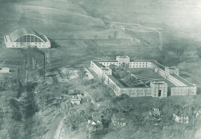 black-and-white aerial photo of Quadrangle, dated 1923