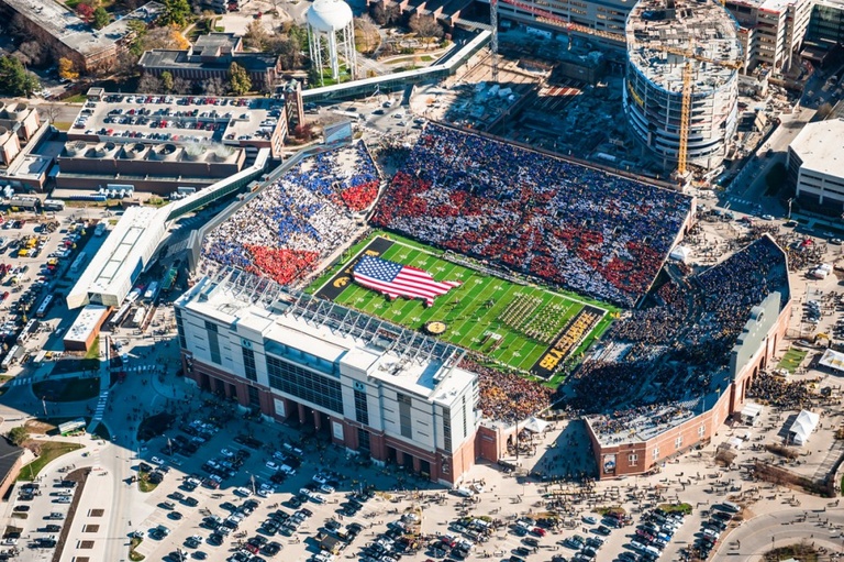 Aerial of Kinnick Stadium during a card stunt