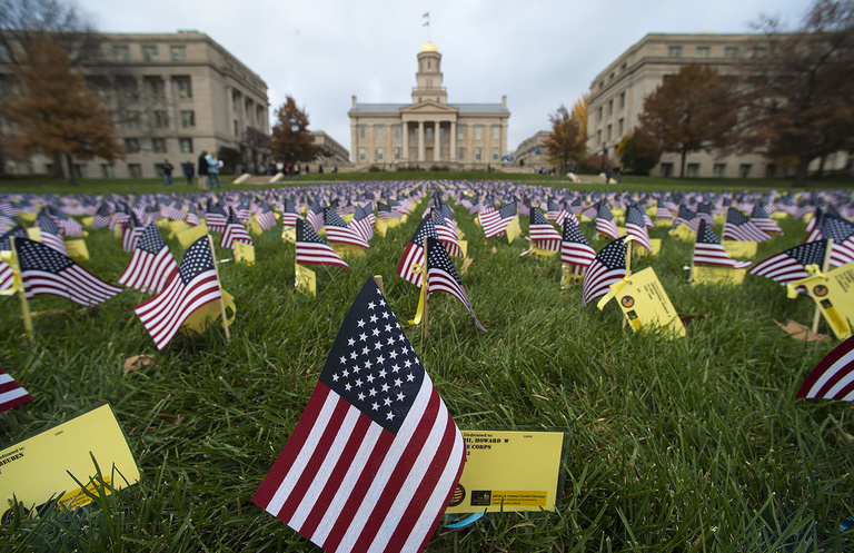 For the third year, the UIVA placed roughly 5,500 American flags on the west lawn of the Pentacrest to honor veterans associated with the UI and surrounding community.