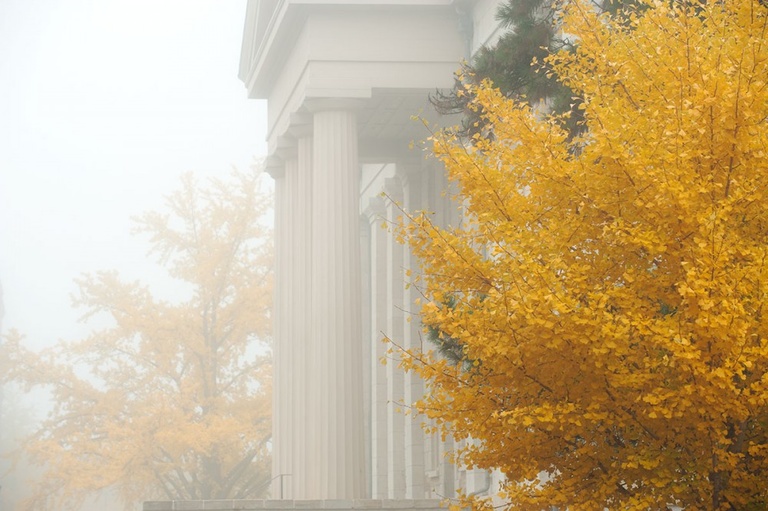 The Old Capitol on a foggy morning