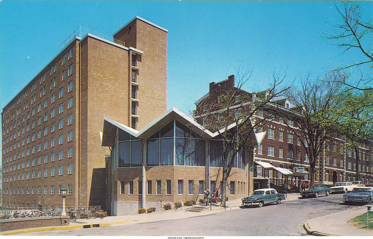 Exterior shot of Stanley Hall, with Currier to the right, 1960s