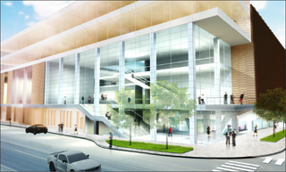 An exterior view of the main entry for the Voxman School of Music/Clapp Recital Hall.