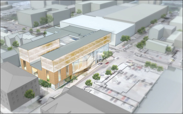 A northwest-facing aerial rendering of the Voxman School of Music/Clapp Recital Hall, which will be located at the intersection of Burlington and Clinton Streets.