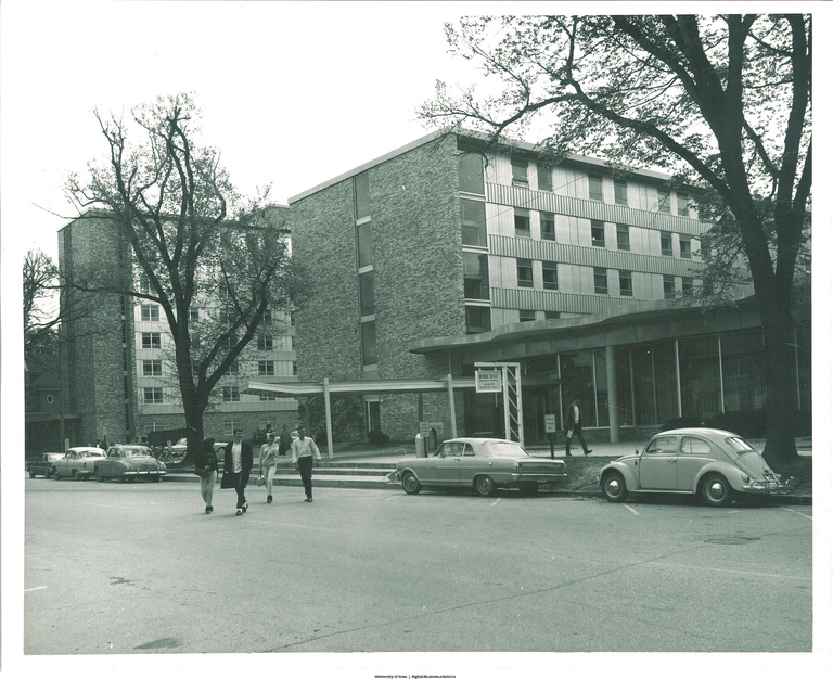 Exterior shot of Burge Hall, with Daum Hall to the left, 1960s