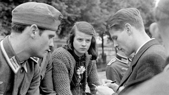 White Rose resistance group members Hans Scholl, Sophie Scholl, and Christoph Probst in 1942.