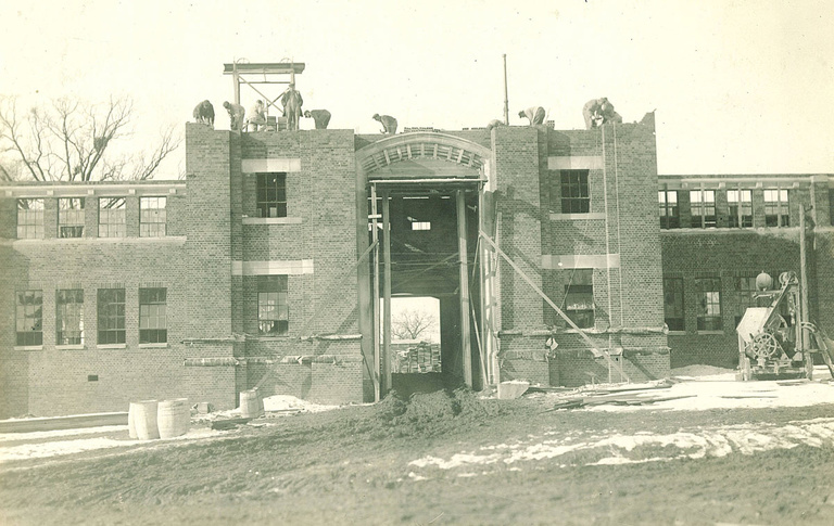 Black-and-white photo of Quadrangle construction