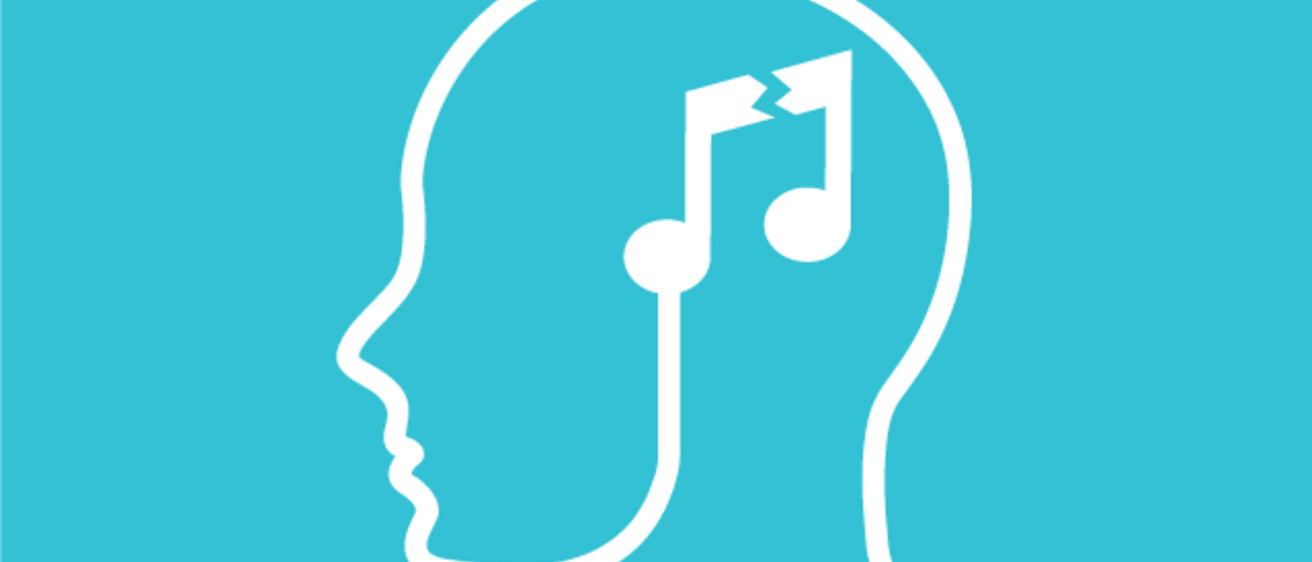 outline of human head in profile with broken music note centered over brain area