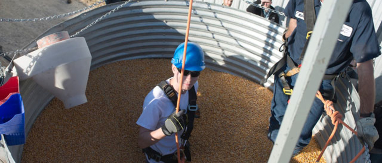 a man stands waist deep in corn during a grain safely conference